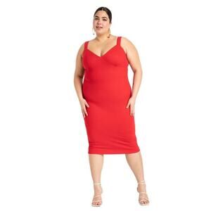 Eloquii Size 18/20 Red V‎ Neck Sleeveless Ribbed Bodycon Midi Dress
